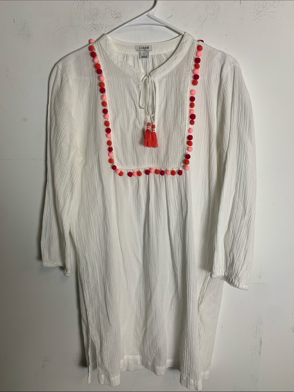 J. Crew White Swim Coverup Tunic with Pink and Red Pom Trim